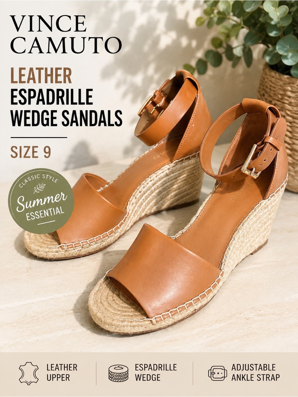 Vince Camuto Cognac Leather Espadrille Wedge Sandals